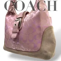 【良品】コーチ　ショルダートートバッグ　シグネチャー　ベルト　ピンク　肩掛け