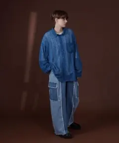 ONCILY フリンジバイカラーデニムカーゴパンツのサムネイル