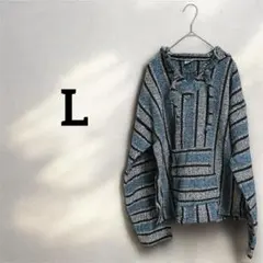 【L】フード付き ストライプセーター ブルー カジュアル 長袖 スリット