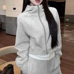 スウェット　パーカー sizeM フード　グレー　クロップド　ミニ丈