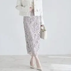 【新品】トッコクローゼット カットワークフラワーレース刺繍タイトスカート グレー