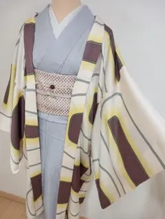 モダン柄ロング丈羽織　裄70cm 正絹手縫い　単衣