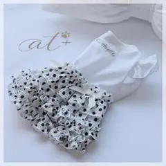 【犬服】上品フリルドット柄ワンピース ホワイト×ブラック リボン付 小型犬