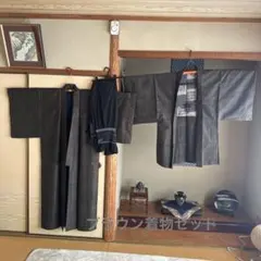 茶色着物　羽織　帯　羽織紐　4点セット　和装　男 メンズ 正絹　昭和レトロ