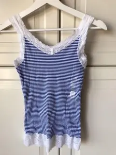 DS未使用☆レースフリルコットンボーダータンクトップス☆S☆ブルー