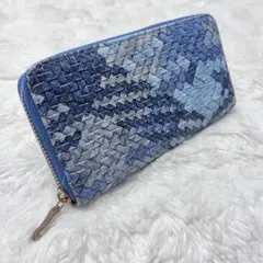 【長財布】メンズ レディース レザー風 網目柄 ブルー ラウンド ファスナーのサムネイル
