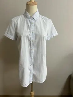 トミーフィルフィガー 半袖 ロゴ シャツ 刺繍 ドット コットン100% 水色