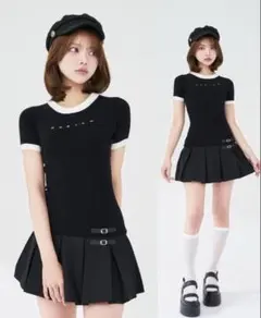 Darich ダーリッチ　ベルトデザインロゴプリーツニットミニワンピース