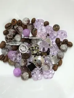 コーヒー豆のビーズ♪ アソートビーズセット（紫・茶・透明）