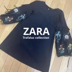 ZARA 花柄刺繍 Aラインチュニック 7分袖 パフスリーブ　黒　袖サイドリボン