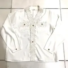 90s レース刺繍 金ボタン デザインブラウス シャツ ヴィンテージ 白 15