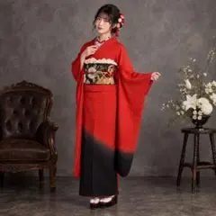 赤地黒ぼかし染め縮緬振袖フルセット Sサイズ 長襦袢袋帯帯締め帯揚げ 