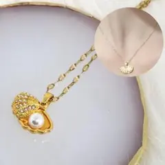 開閉式シェル パール ネックレス ジルコニア ゴールド サージカルステンレス