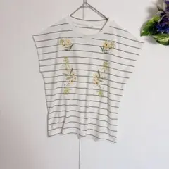 インデックス カットソー シャツ 半袖 ノースリーブ　ボーダー 花柄 刺繍 M