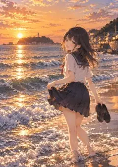 【イラスト】夕暮れの海と女子高生 アートポスター