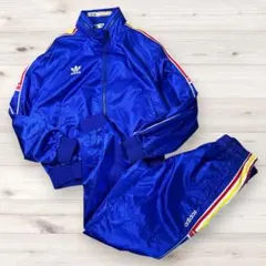 【希少】デサント製 アディダス セットアップ M マルチカラーライン 80s 青