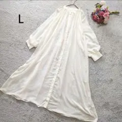 ロングシャツワンピース　ノーカラー　ガーゼ調　ゆるダボ　透け感　白