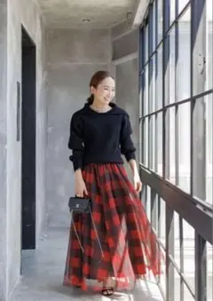 ブルレア　ブロックチェック柄スカート　赤