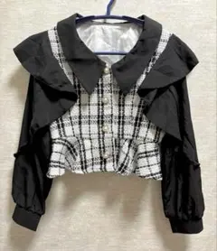 GRL フリルスリーブドッキングツイードチェックブラウス S ［tu1452］