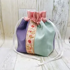 人気♡インド刺繍リボン×マルチカラー◇マチたっぶり巾着
