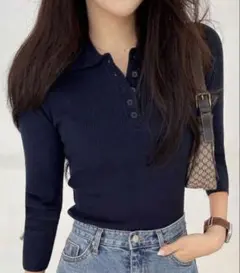 SHEIN ネイビーブルー リブ編み ボタン付きポロシャツ