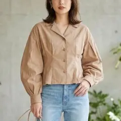 G8321*美品☆MOUSSY☆マウジー☆コットン☆シャツ☆ベージュ☆パフ袖☆F