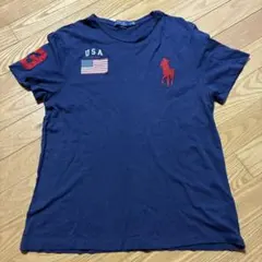美品！ポロ ラルフ ロゴ&ビッグポニー刺繍 Tシャツ ネイビー USA
