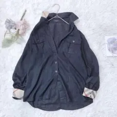バーバリーロンドン 三陽商会 リネン100% ノバチェック ホースロゴ刺繍 濃紺