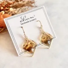 (No.305) べっ甲柄 ゴールド スクエア ハンドメイドピアス イヤリング