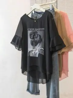 Lサイズ フリル袖 ブラック シフォン トップス ブラウス