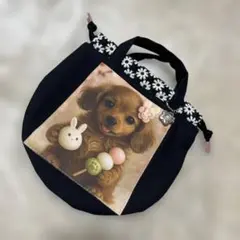 ❁ハンドメイド=持ち手付丸いミニ巾着ポーチ♡わんこ・ダックスフンド