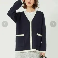 グリーンレーベルリラクシング春ネイビーバイカラーVネックミドルカーディガン手洗可