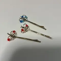 リボン型　ちょうちょ　蝶　ヘアピン 3本セット 赤 青　昭和レトロ