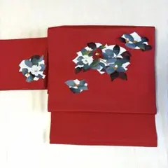 シャレ袋帯 赤色 椿文様　正絹