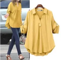 大きいサイズ レディース 　ロールアップ　シャツ　トップス　Vネック