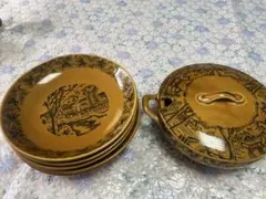 美品: 【昭和レトロ】風景畫絵柄 陶器製両手鍋蓋付きスープボウル 皿 ５枚セット