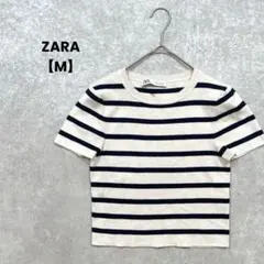 a2065＊ZARA ボーダー半袖ニット　アイボリー×ネイビー【M】カジュアル