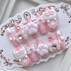 ネイルチップ 量産型 地雷 ピンク ホワイト ネコ リボン 肉球