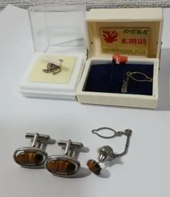 タイガーアイ■本珊瑚　カフスとネクタイピンセット