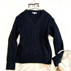 美品ユニクロ×JWアンダーソン M ケーブルニット セーター ネイビー Vネック