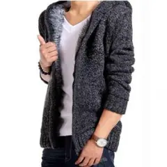 メンズ 裏起毛 厚手 ニット カーディガン セーター フード付き パーカー