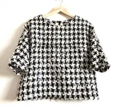 ♥︎ツイード　ブラウス　レディース 千鳥格子ブラウス　リボンテープ