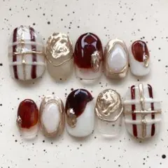 【現品のみ】【値下げ】ブラウン　チェック　ニュアンス　ネイルチップ　ぷっくり