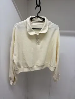 リブ編み クリーム色 ポロシャツ 長袖