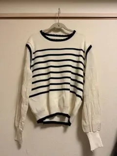 ボーダー×無地 異素材切り替え ニットトップス 長袖 レディース M〜L相当