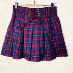 ✨COLZA✨コルザ チェック柄 レースアップ キュロットスカート 赤 紺 Lのサムネイル