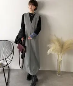 【未使用タグ付き】グレー Vネック ワンピース Ｌサイズ