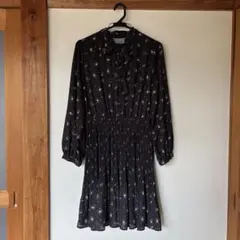 earth music&ecolog花柄リボン長袖ワンピースsizeF/ブラック