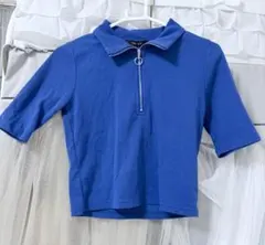 青ジッパー付きクロップドトップス ハーフジップアップ ギャル