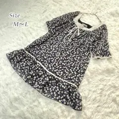 【期間限定】花柄チュニック ワンピース 半袖 ネイビー フリル レディースM〜L